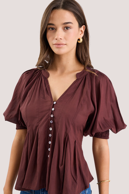 Esteem Chocolate Voile Pleated Short Sleeve Button-Through Top