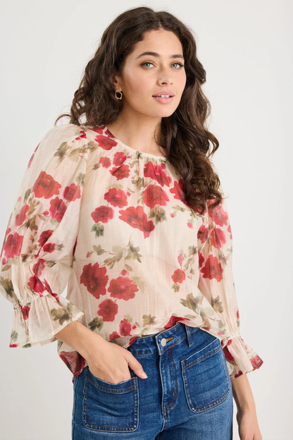 Candid Cream Red Rose Crew Neck Mid Sleeve Top