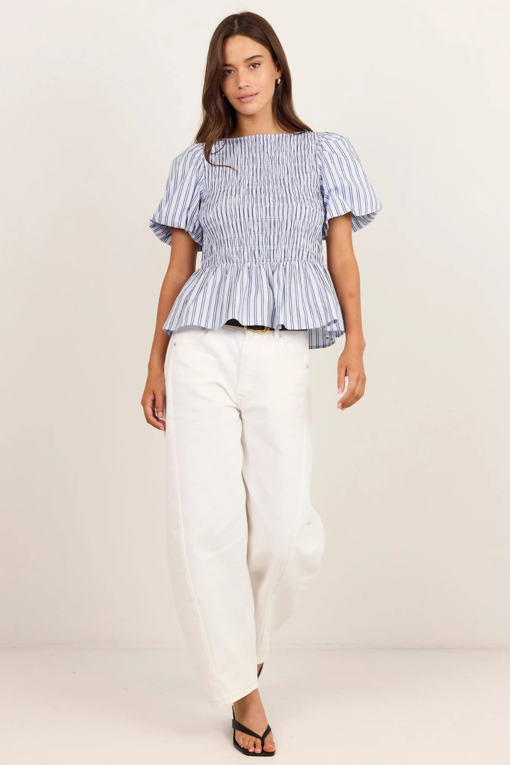 Artifact Pale Blue Stripe Shirred Bubble Sleeve Top