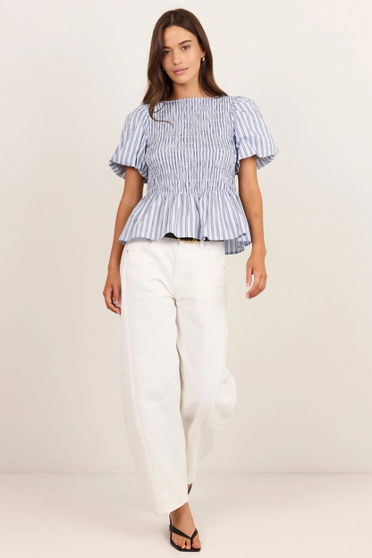 Artifact Pale Blue Stripe Shirred Bubble Sleeve Top