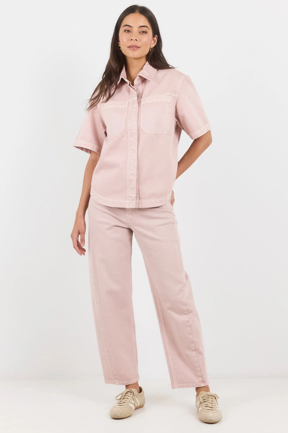 Crucial Pale Pink Denim Short Sleeve Shacket