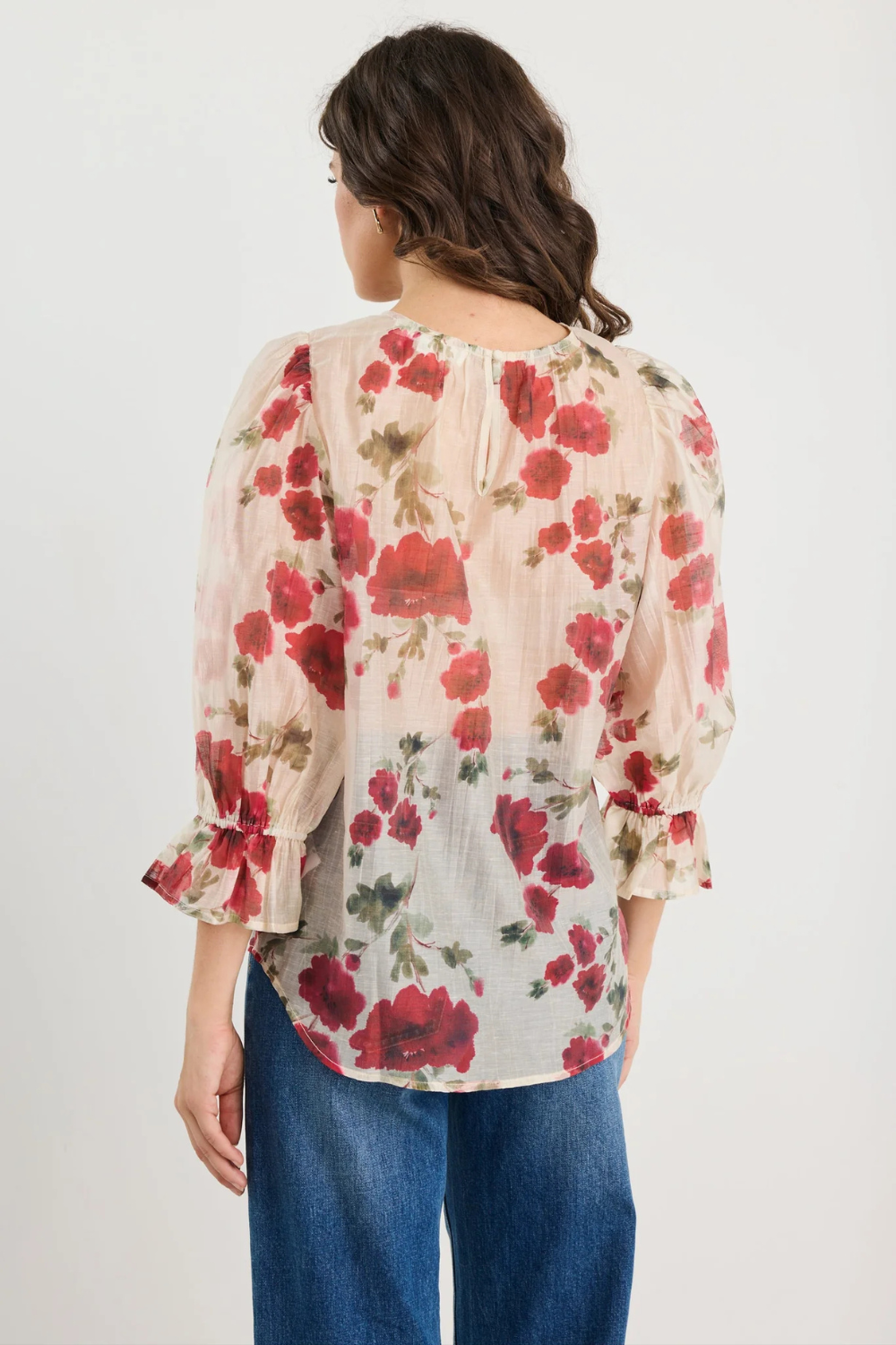 Candid Cream Red Rose Crew Neck Mid Sleeve Top
