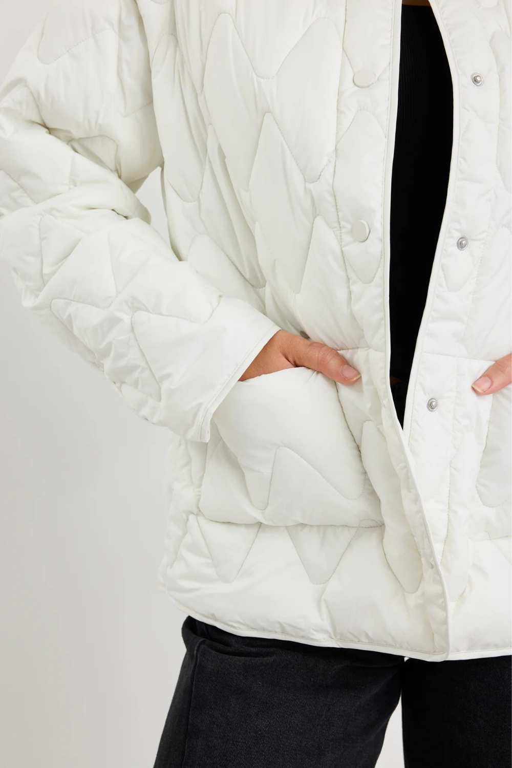 Frankly Ecru Boxy Snap Front Puffer Jacket