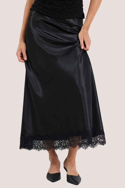 Margarita Black Satin Lace Trim Bias Maxi Skirt