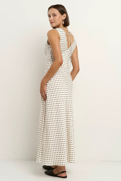 Aston Cream Ditsy Polka Dot Satin Bias Flared Maxi Dress