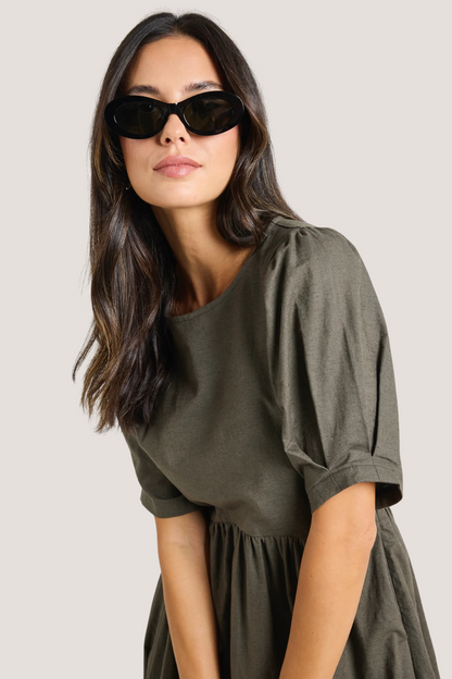 Hemisphere Khaki Short Sleeve Relaxed Midi Dress