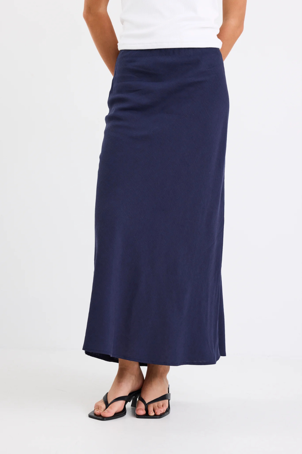 Bliss Navy Linen Bias Midi Skirt