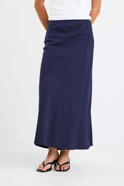 Bliss Navy Linen Bias Midi Skirt