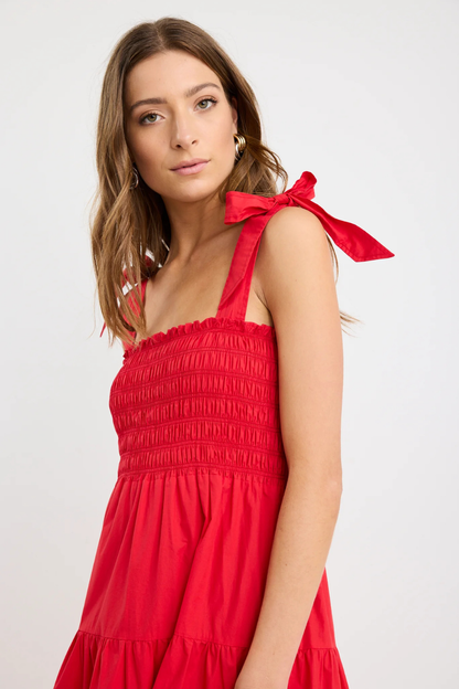 Isabella Cherry Red Cotton Poplin Shrappy Tiered Maxi Dress