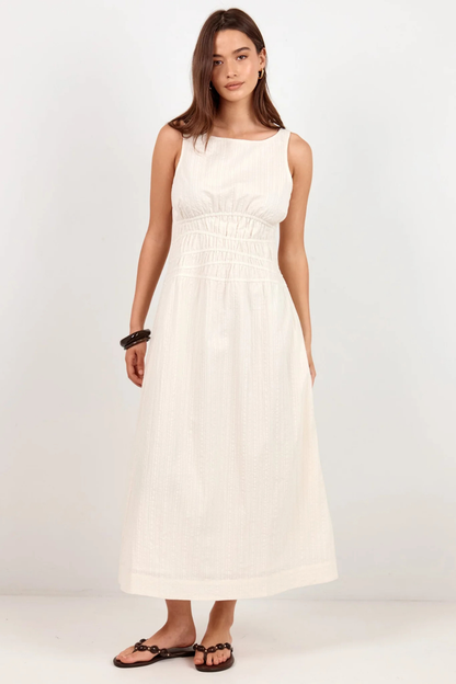 Lucent Cream Sleeveless Shirred Bodice Midi Dress