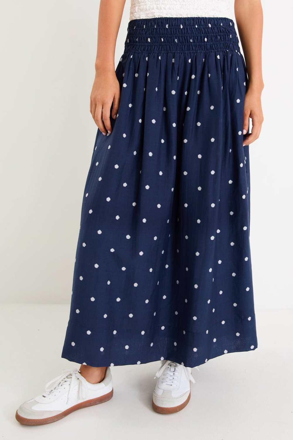 Wanderlust Navy Polka Dot Shirred Waist Maxi Skirt