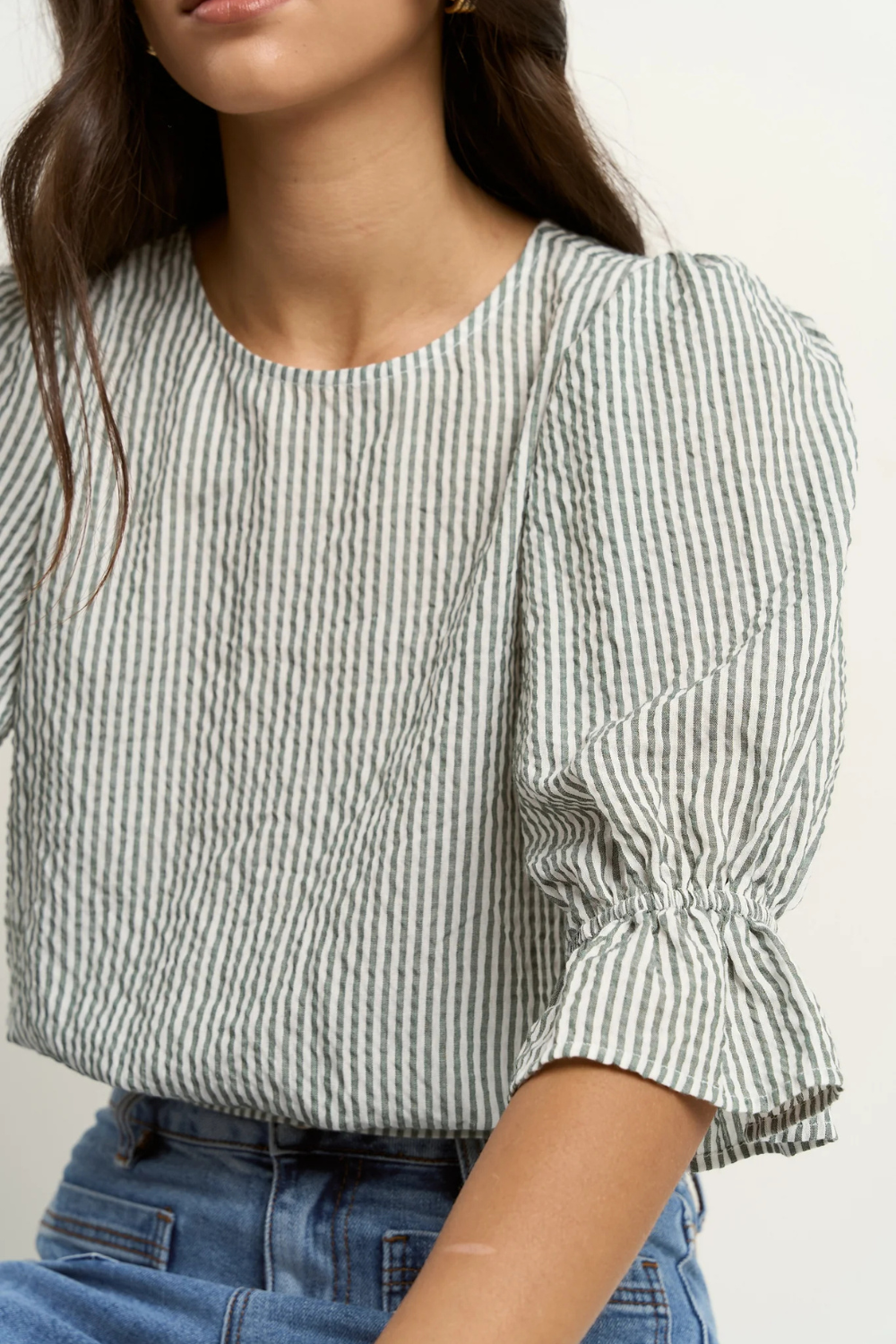 Lovely Khaki Stripe Shirred Back SS Top