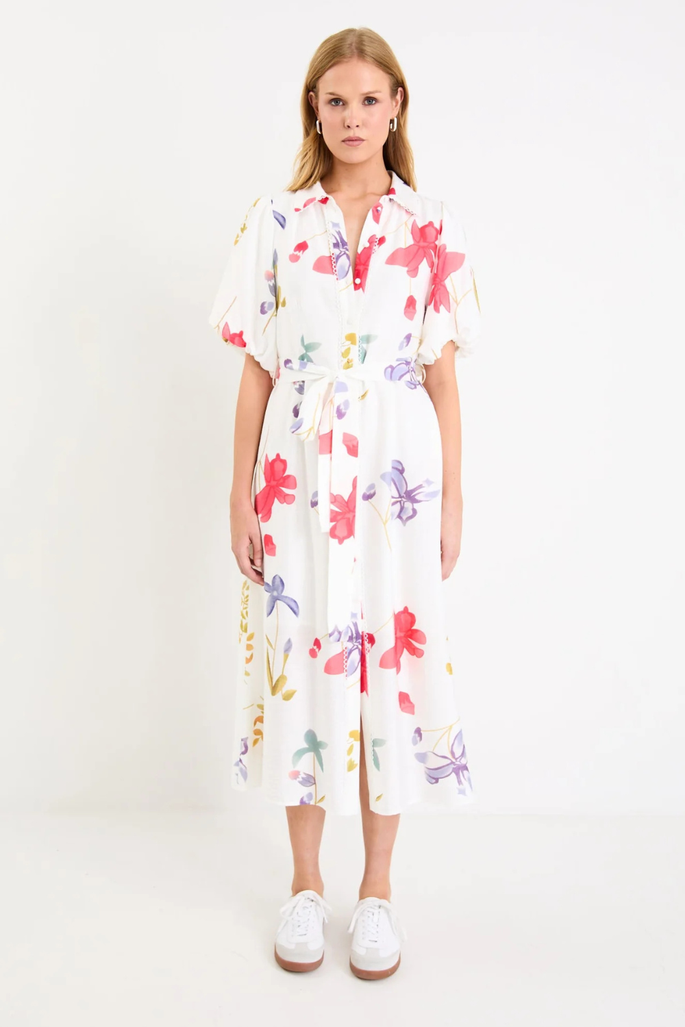 Jasmine Cream Poppy Floral Puff Sleeve Long Shirt Dress