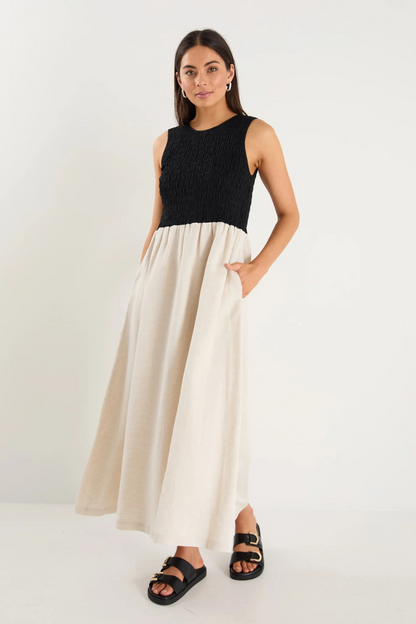 Bryar Black Natural Linen Blend SS Shirred Bodice Midi Dress