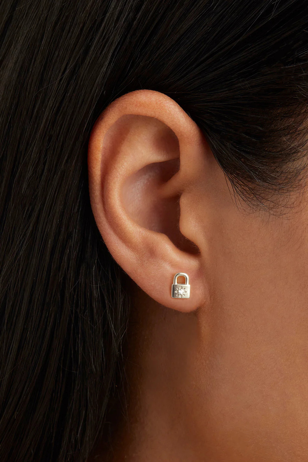 Sterling Silver Crystal Lotus Padlock Stud Earrings