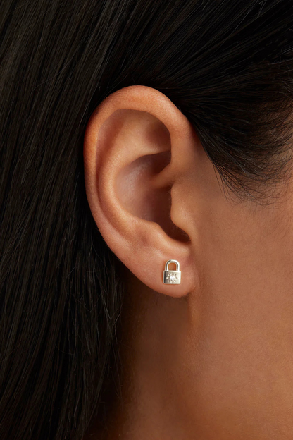 Sterling Silver Crystal Lotus Padlock Stud Earrings