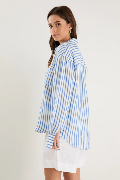 Exalted Blue Stripe Linen Viscose Oversized Shirt