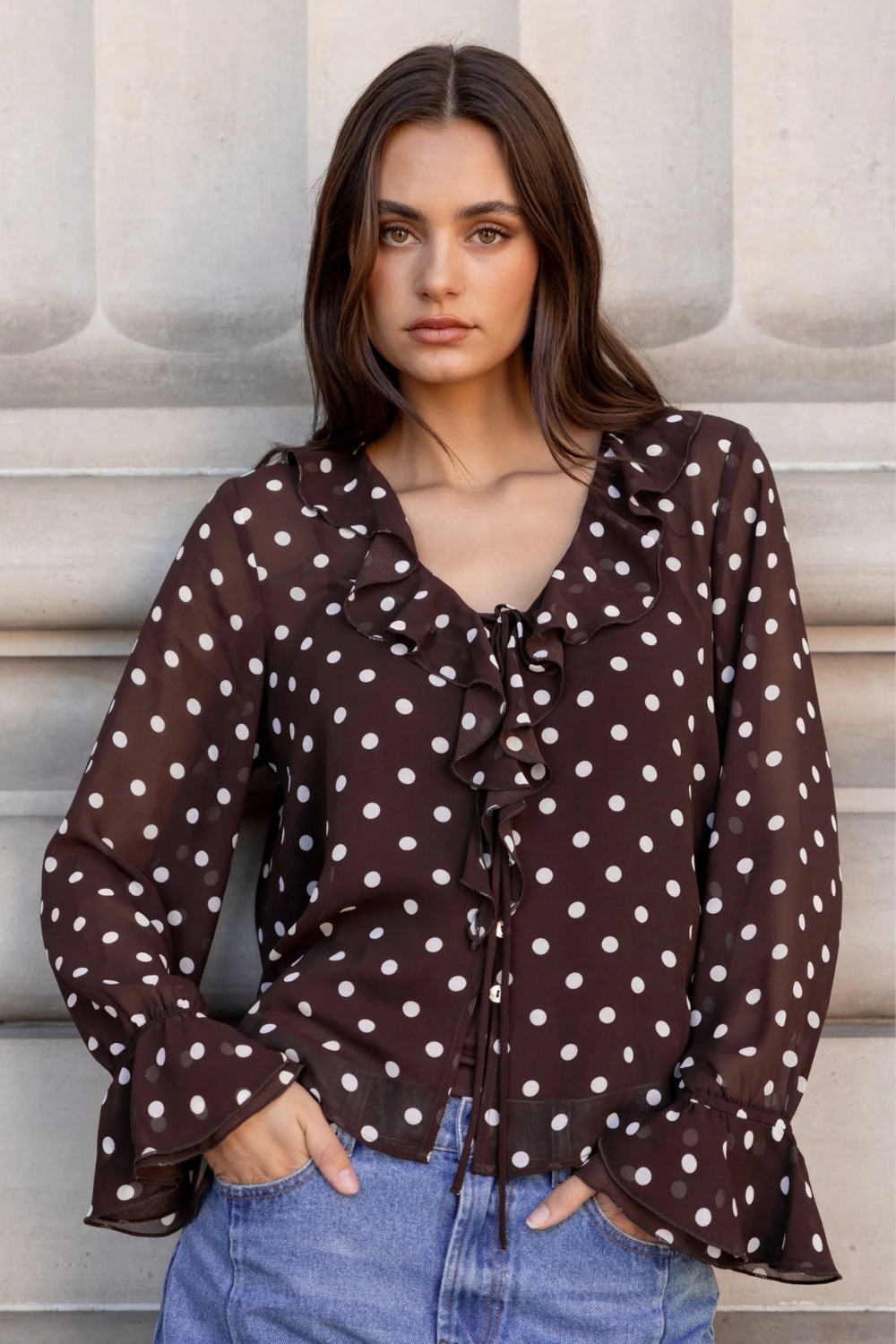 Bohemian Chocolate Polka Dot Sheer Frill Front Blouse