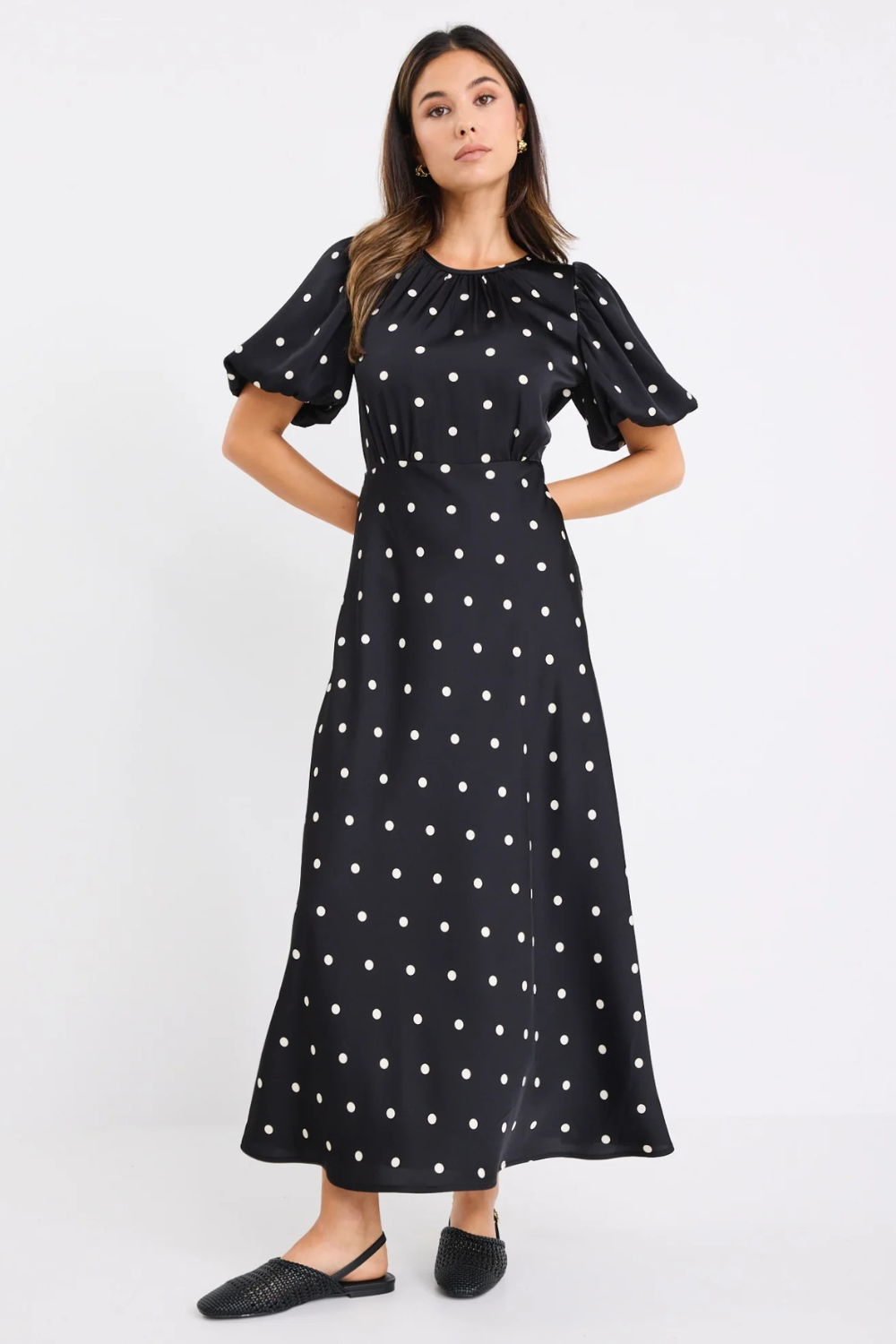 Stage Black Polka Dot Puff Sleeve Floaty Maxi Dress