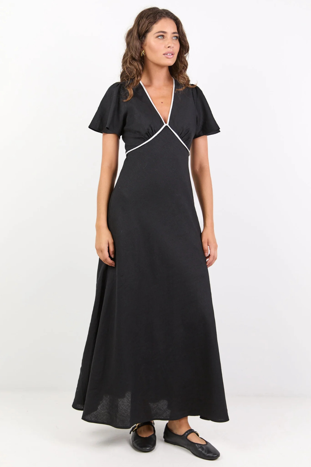 Profile Black Linen Blend Contrast Bias Flutter Sleeve Maxi Dress