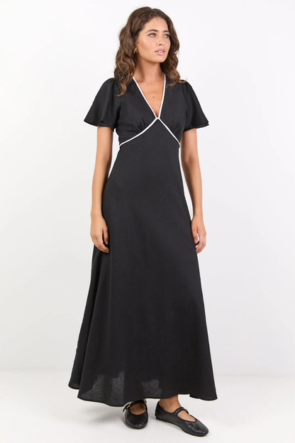 Profile Black Linen Blend Contrast Bias Flutter Sleeve Maxi Dress