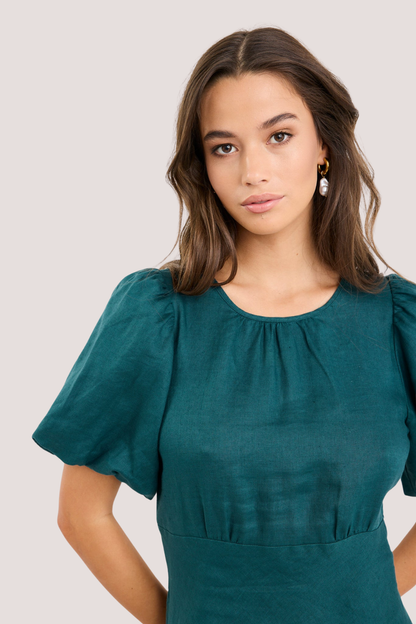 Delphine Forest Linen Puff Sleeve Mini Dress