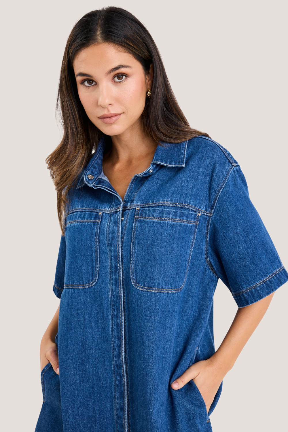 Shortcut Storm Blue Denim Short Sleeve Boxy Mini Shirt Dress