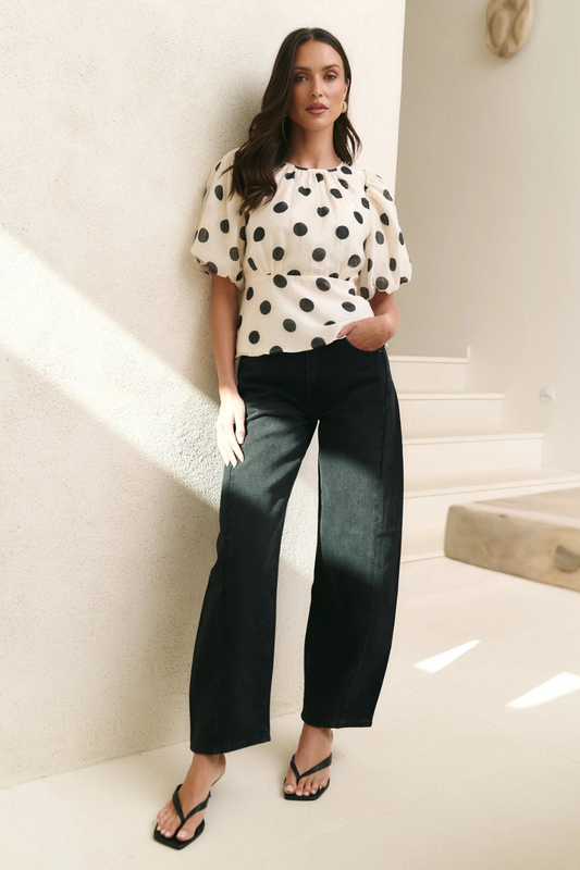 Finali Cream Black Polka Dot Puff Short Sleeve Top