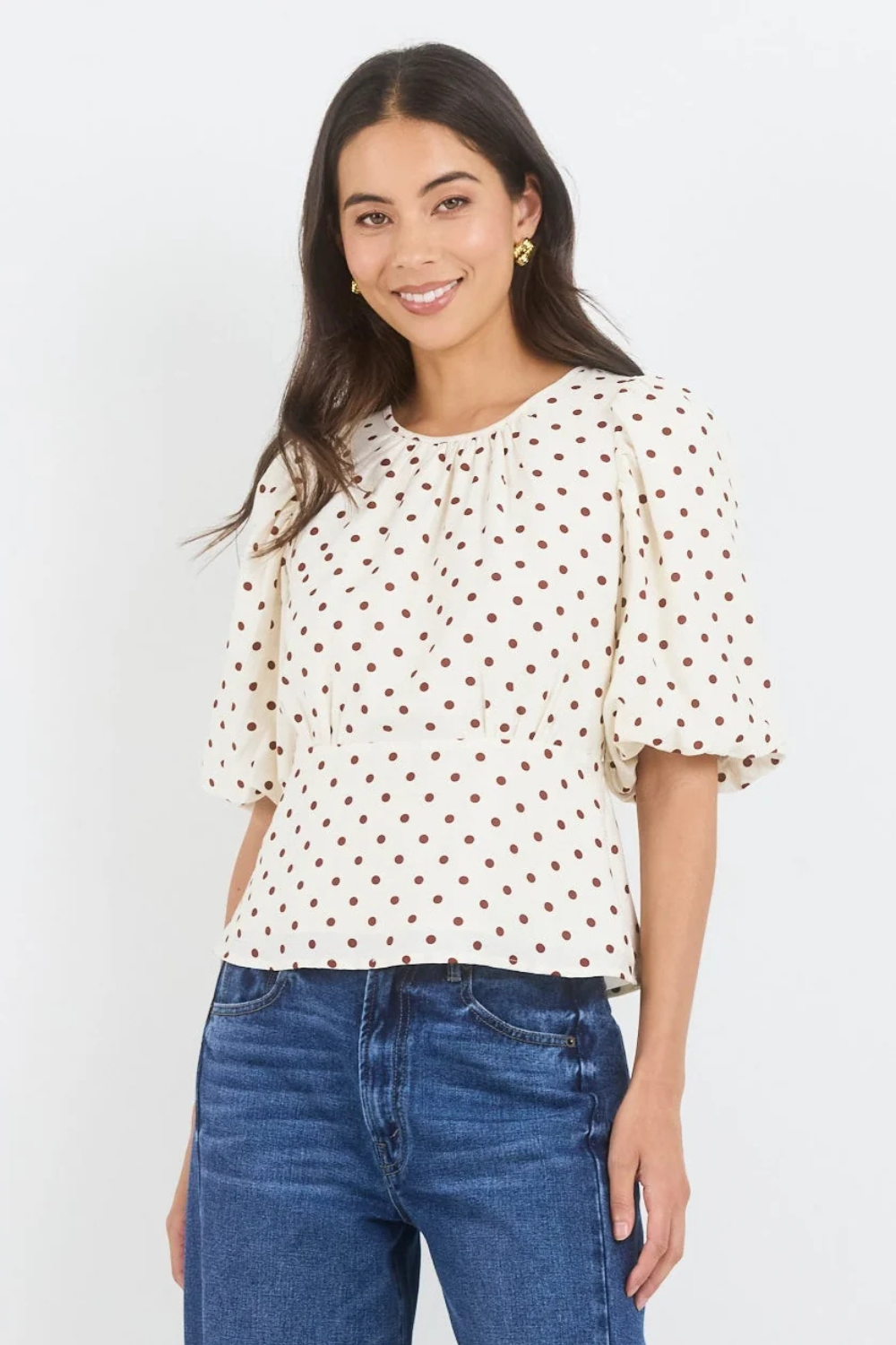 Eventual Ivory Chocolate Polka Dot Mid Sleeve Fit and Flare Top
