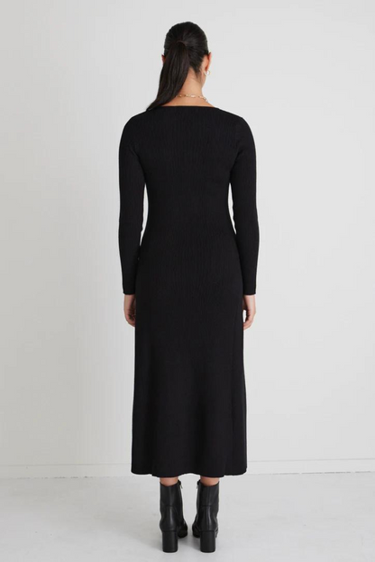 Valor Long Sleeve Rib Knit Midi Dress | Black