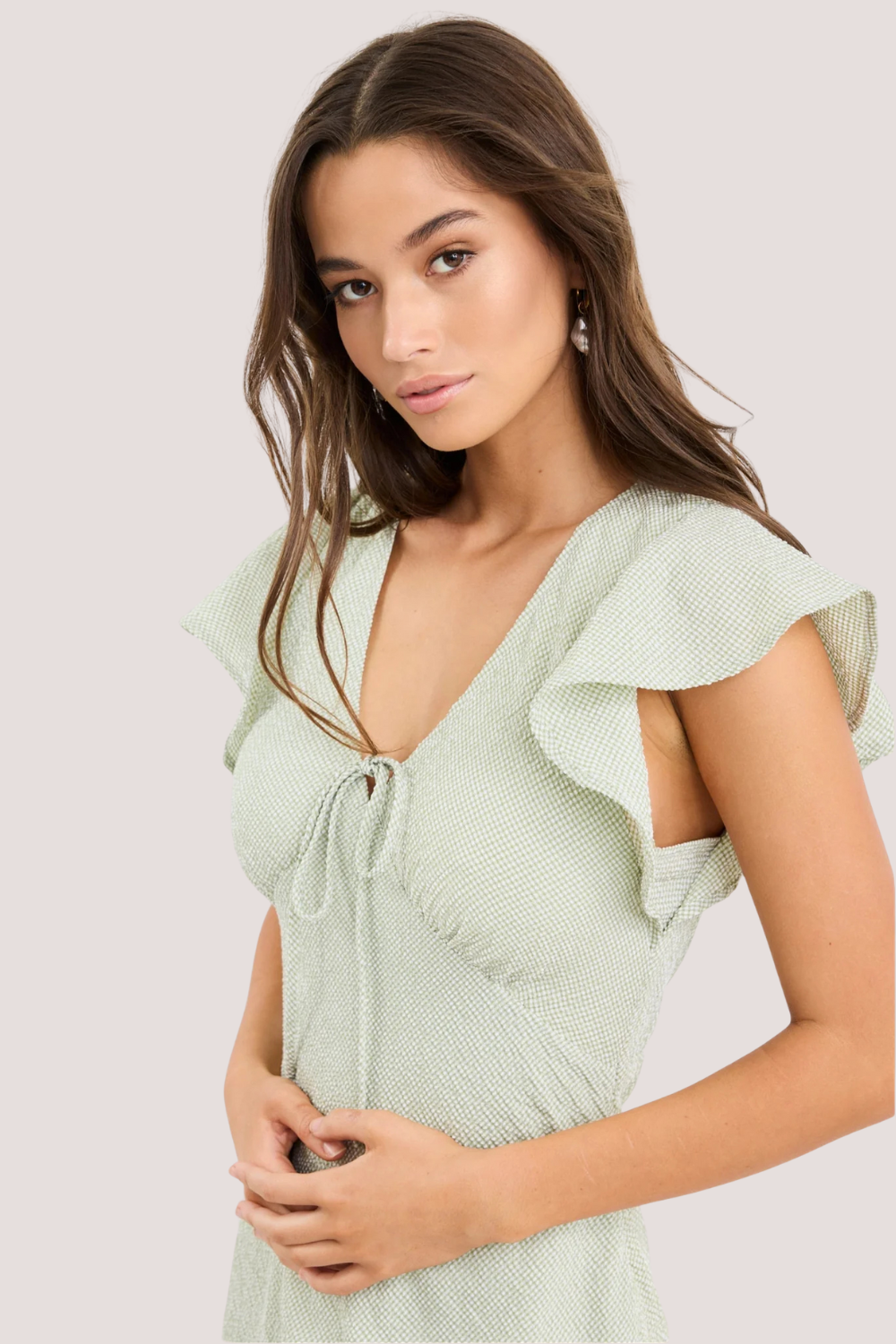 Ovation Sage Gingham Flutter SS Keyhole Tie Midi Dress