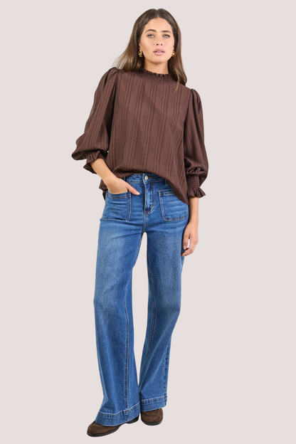 Embrace Chocolate Self Stripe Shirred Neck LS Top