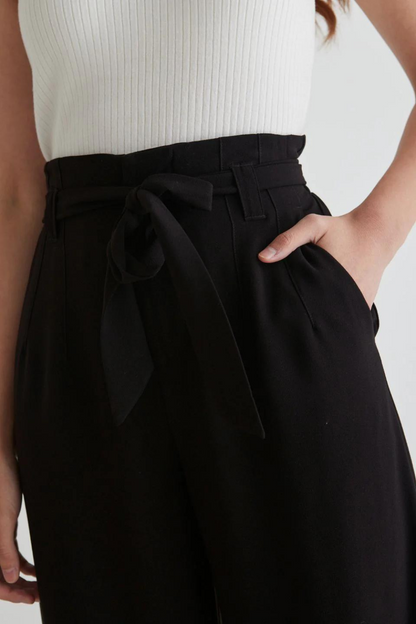 Sydney Black Crepe Wide Leg Tie Belt Pant