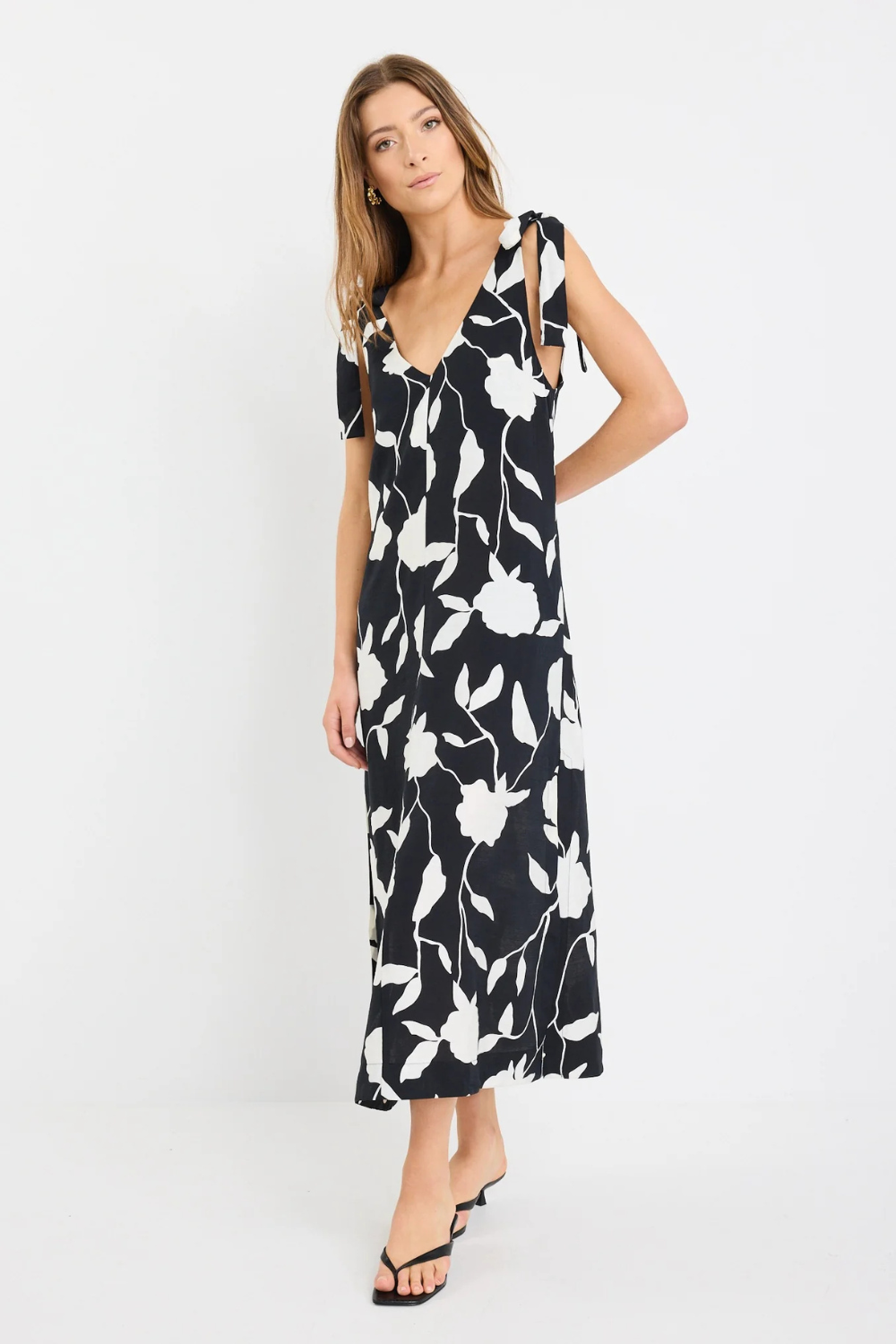 Spontaneous Black and White Floral Tie Shoulder Relaxed Midi Dress