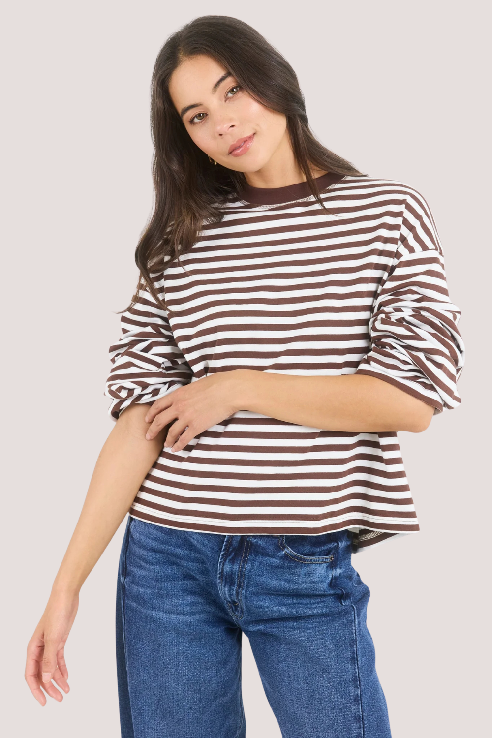 Unite Chocolate White Stripe Long Sleeve Contrast Binding Tee