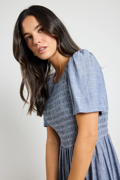 Wren Chambray Blue SS Shirred Bodice Midi Dress