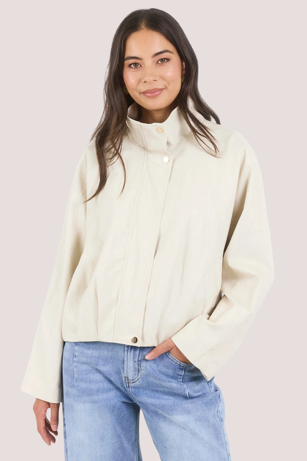 Ensemble Putty Faux Leather Funnel Neck Zip Through Jacket