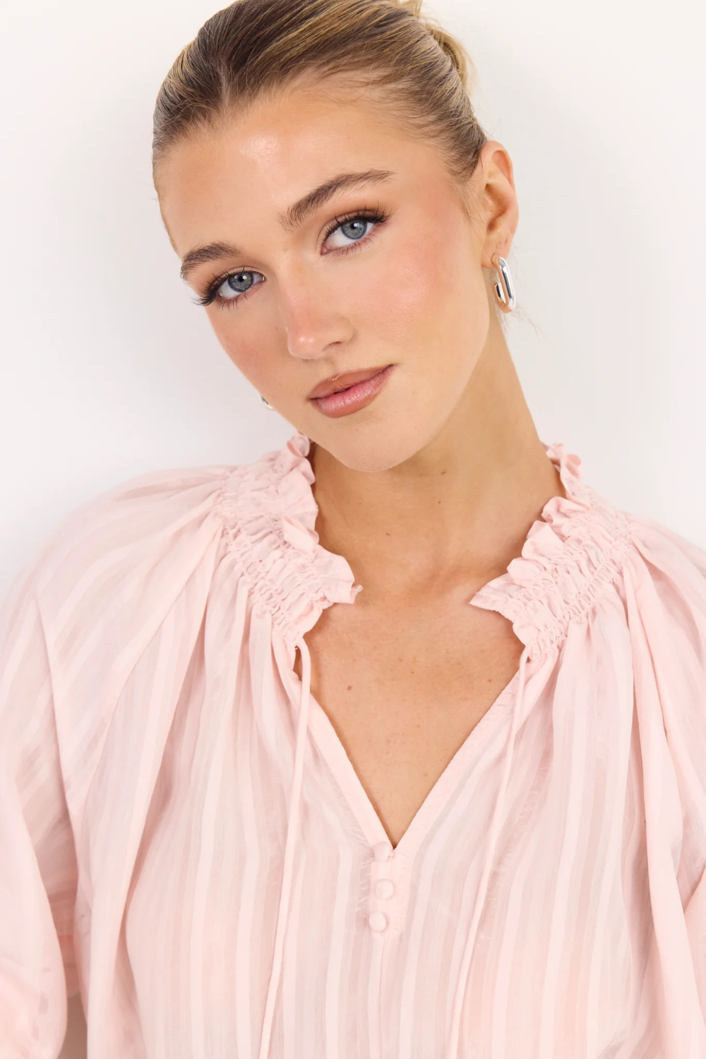 Expedition Blush Self Stripe Shirred Neck Short Sleeve Top