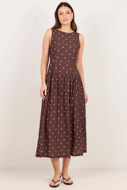 Results Mocha Blue Polka Dot Shirred Back Sleeveless Maxi Dress