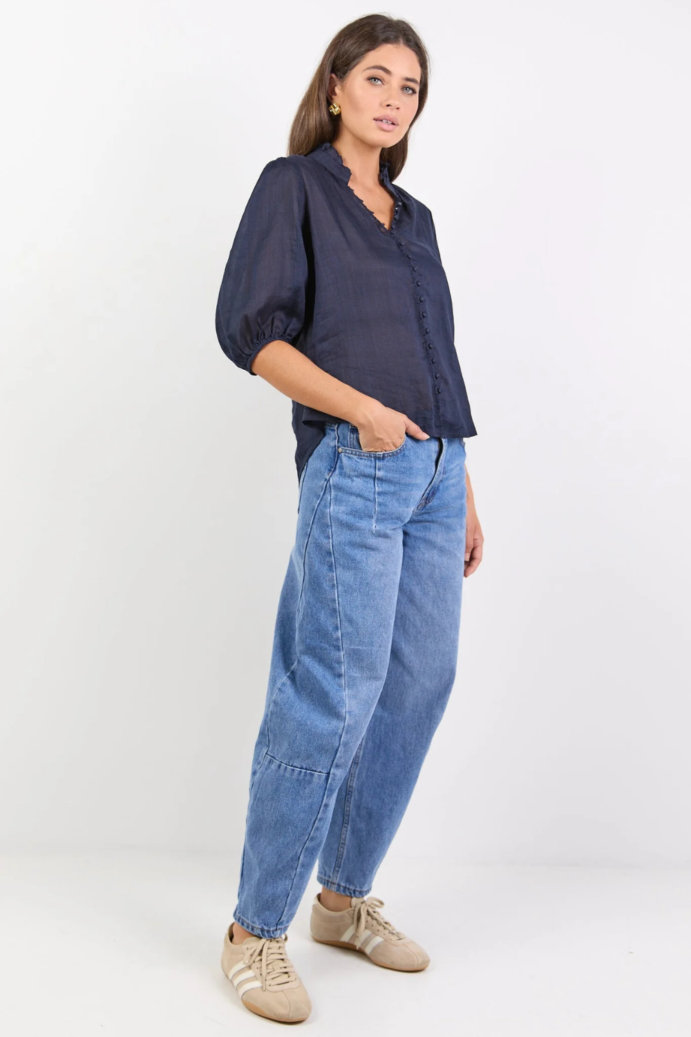 Continuance Navy Ramie High Neck Buttoned SS Top