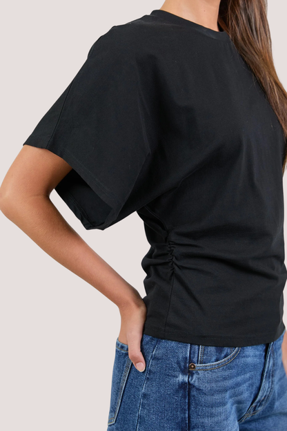 Cadence Black Cotton Gathered Waist Detail Short Sleeve Tee