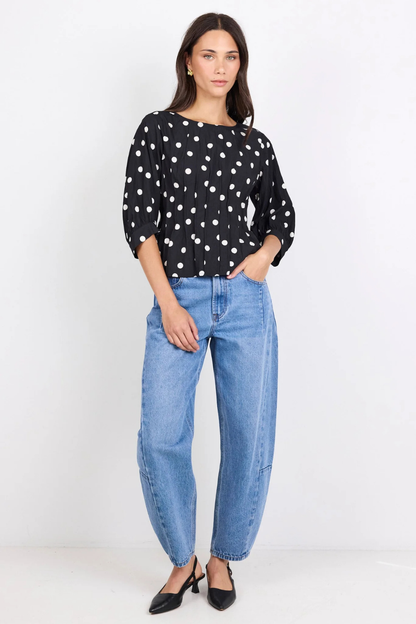 Theatrical Black Polka Dot Pintuck Shaped SS Top