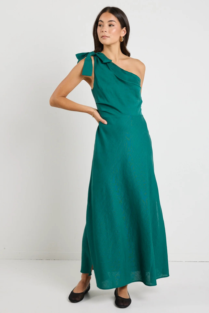 Mirror Forest Linen Blend One Shoulder Bow Midi Dress