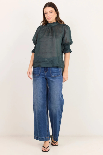Verse Petrol Sheer High Neck Short Sleeve Top