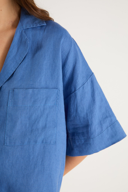 Meander Cornflower Blue Linen Boxy SS Shirt
