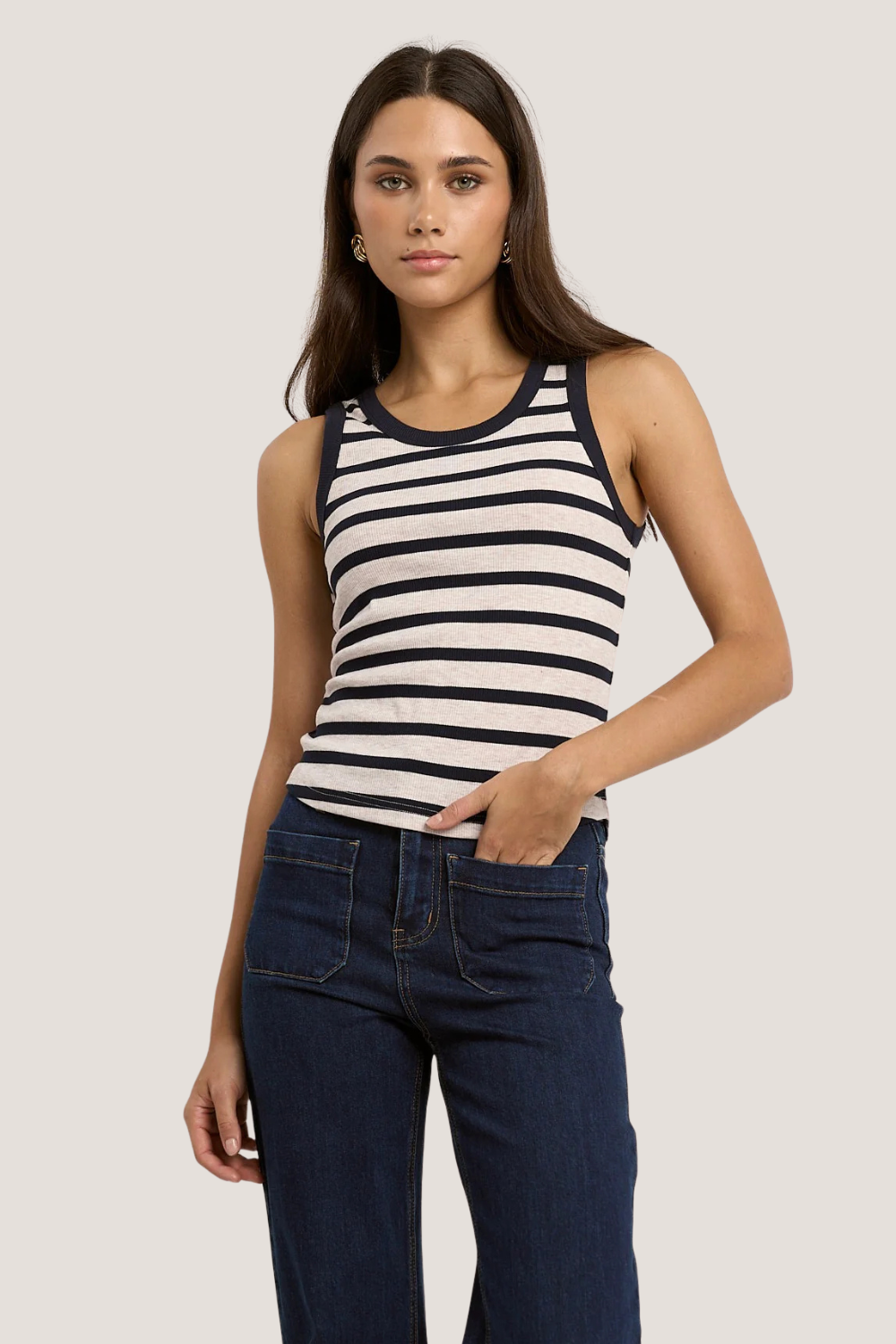 Cobble Navy Ecru Stripe Rib Cutaway Tank