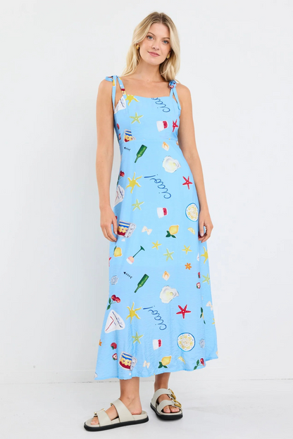 Portrait Blue Holiday Tie Strap Maxi Dress
