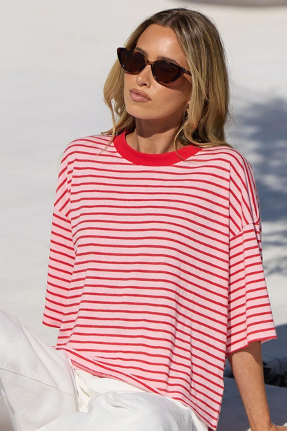 Cohesion Pink Red Stripe Oversized Contrast Binding Boxy SS Tee