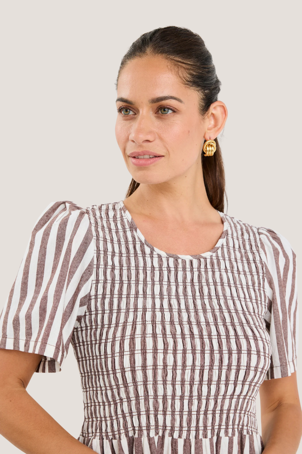 Wren Chocolate Stripe Cotton SS Shirred Bodice Midi Dress