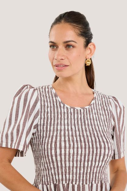 Wren Chocolate Stripe Cotton SS Shirred Bodice Midi Dress